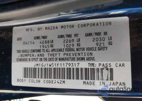 2015 Mazda Mazda6 I Grand Touring z USA, uszkodzony, nr VIN JM1GJ1W51F1179317